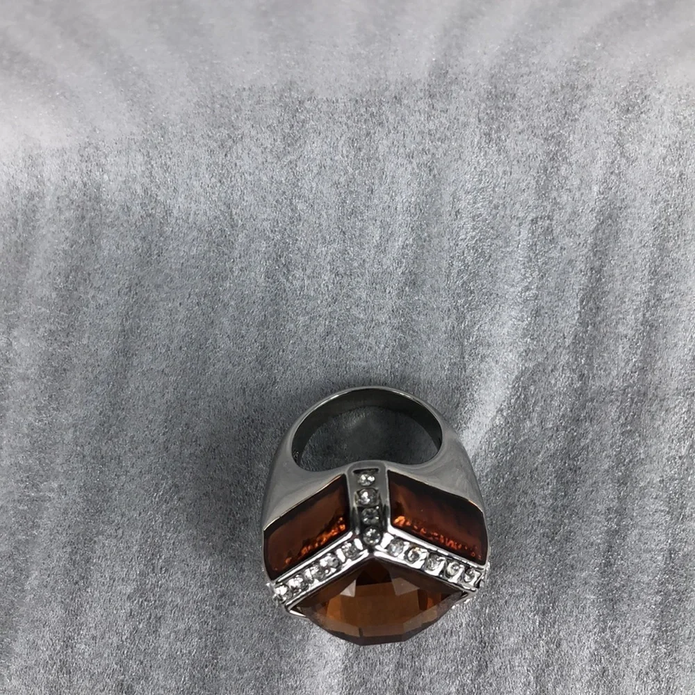 Smoky Quartz Ring Men's Size 8 Square Simulated Stones Faceted Silver Tone Band